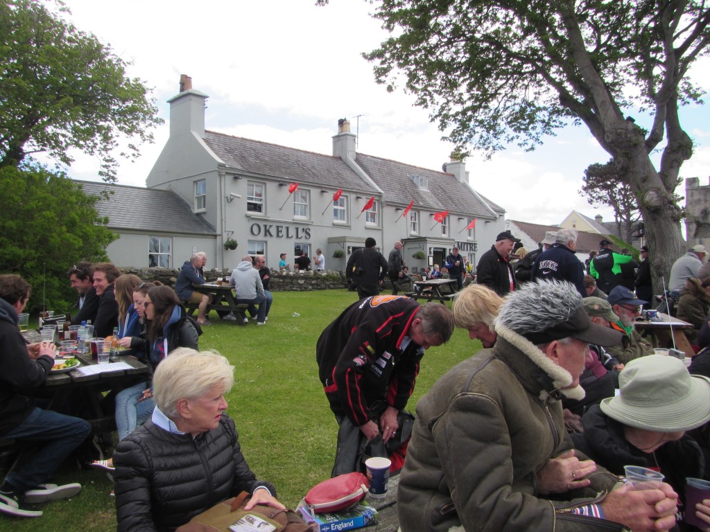 We spent a day watching the races from the front lawn of the Mitre Pub in Kirk Michael. Since the roads close for hours at a time trapping one in the same spot, being close to booze, food and bathrooms was a good strategic move. Plus it was great fun.